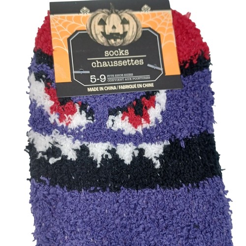 Halloween Fuzzy Socks Womens Size 5-9 Purple-Black Red Eyes Soft & Warm Short - Picture 2 of 6
