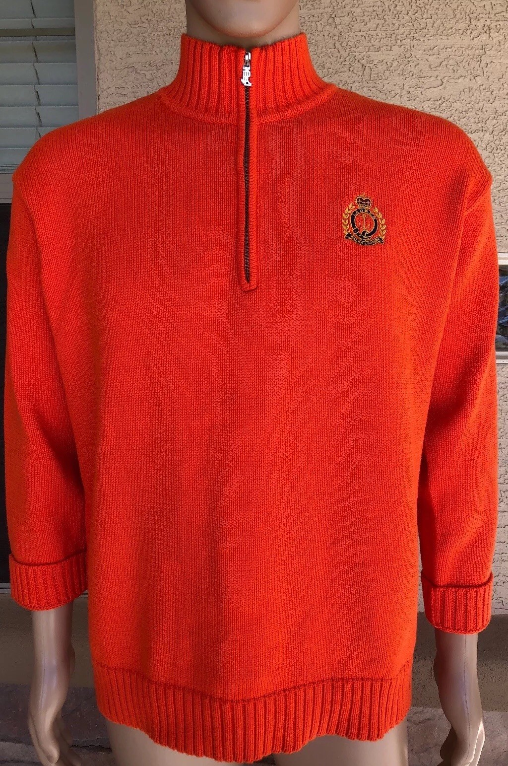 Vintage Polo Ralph Lauren 1/4 Zip Pullover Sweater Orange Anchor Crown Crest L