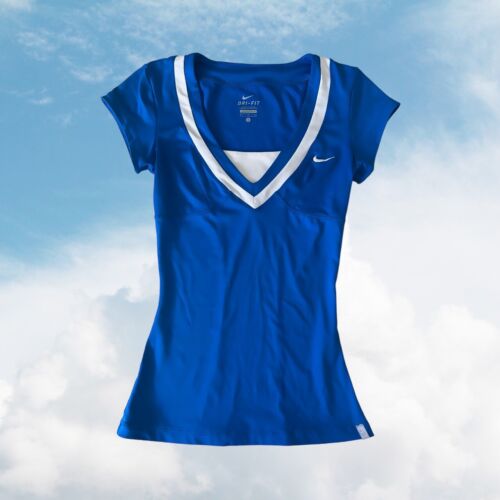 Nike Dri-FIT Short Sleeve Running Workout Top Blue White Shirt Women’s S Petite - Photo 1 sur 7