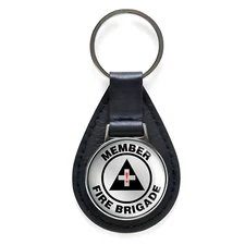 Member Fire Brigade Sign Black Leather Keychain Silver Keyring Military Gift