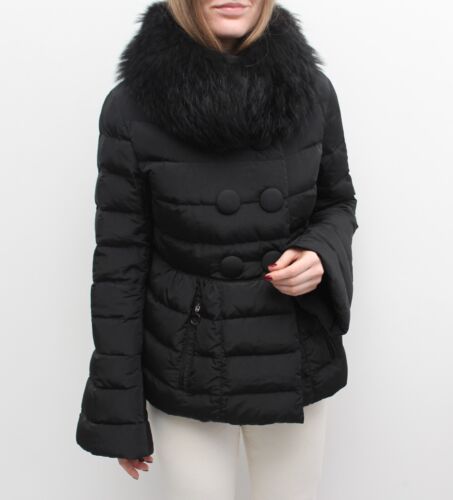 Women's MONCLER Kellyfur Quilted Down Puffer Jacket Coat Black Fur Trim 3 M RARE - Picture 1 of 17