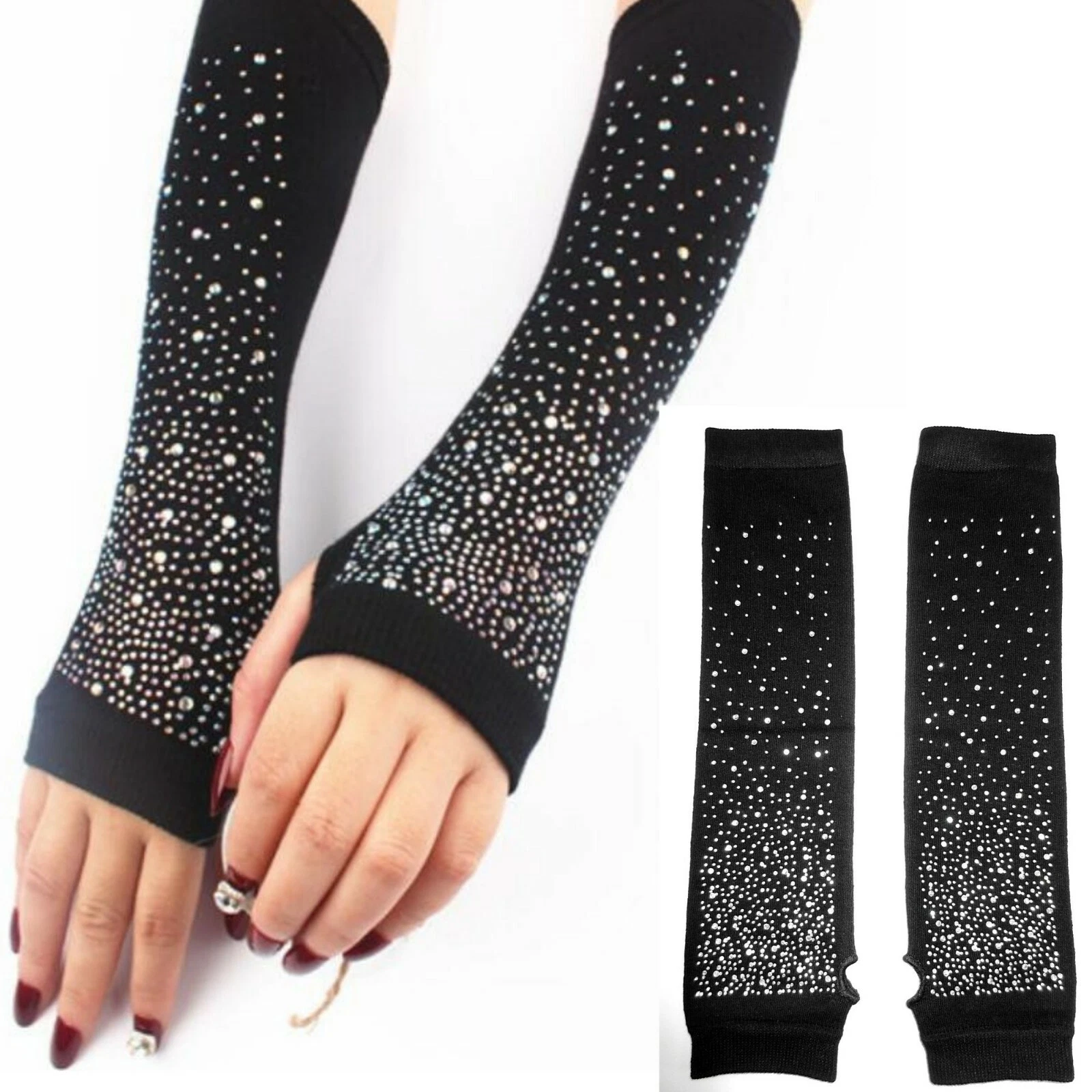 Black Gloves Women Dark Fairy Bling Punk Rock Gauntlet Whimsigoth Rhinestones
