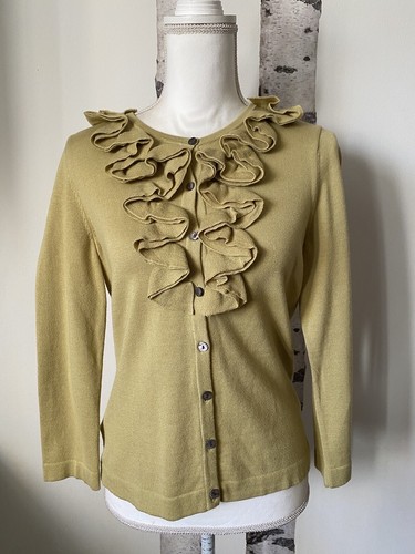 JONES WEAR GREEN RUFFLE FRONT LONG SLEEVE BUTTON UP-SWEATER SIZE SMALL