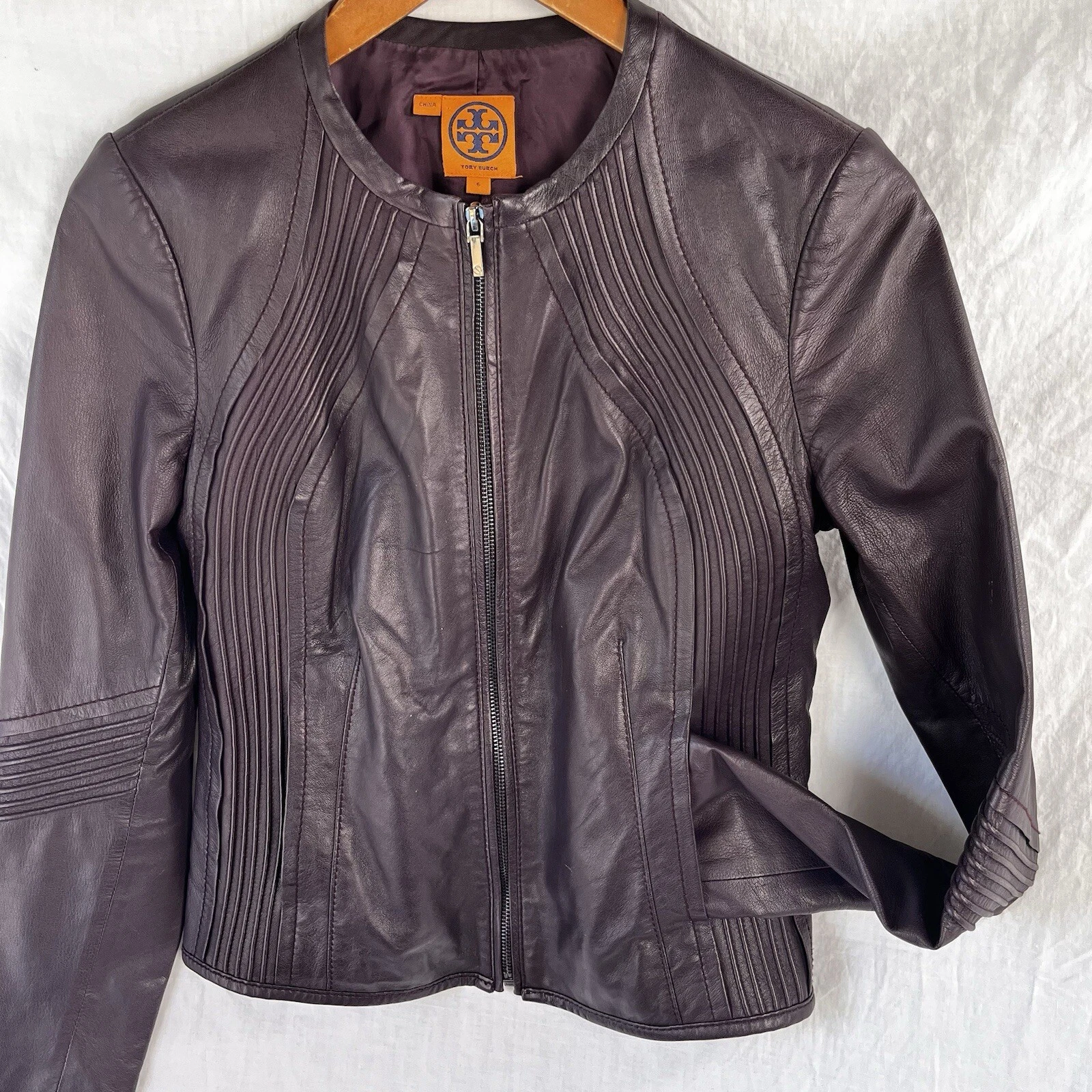 Giacca di pelle Tory Burch donna taglia 6 sangue di bue bordeaux zip cropped cappotto moto