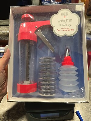 Kuhn Rikon Clear Cookie Barrel Press Set w 10 Disks & Decorating Bottle red
