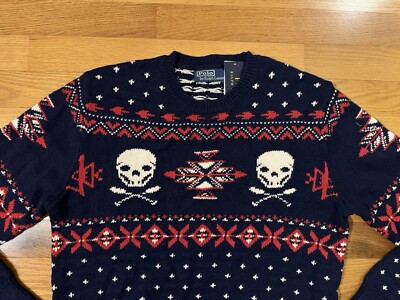 New L Polo Ralph Lauren Fair Isle Skulls Cotton Linen Knit