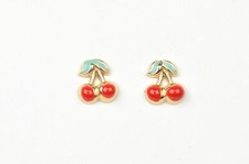 14k Yellow Gold Red and Green Enamel Cherry Baby Earrings, Screw Back