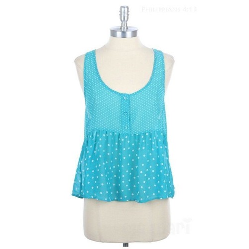 Women's Polka Dot Sheer Ruffled Bottom Tank Top Henley Button Down Cute