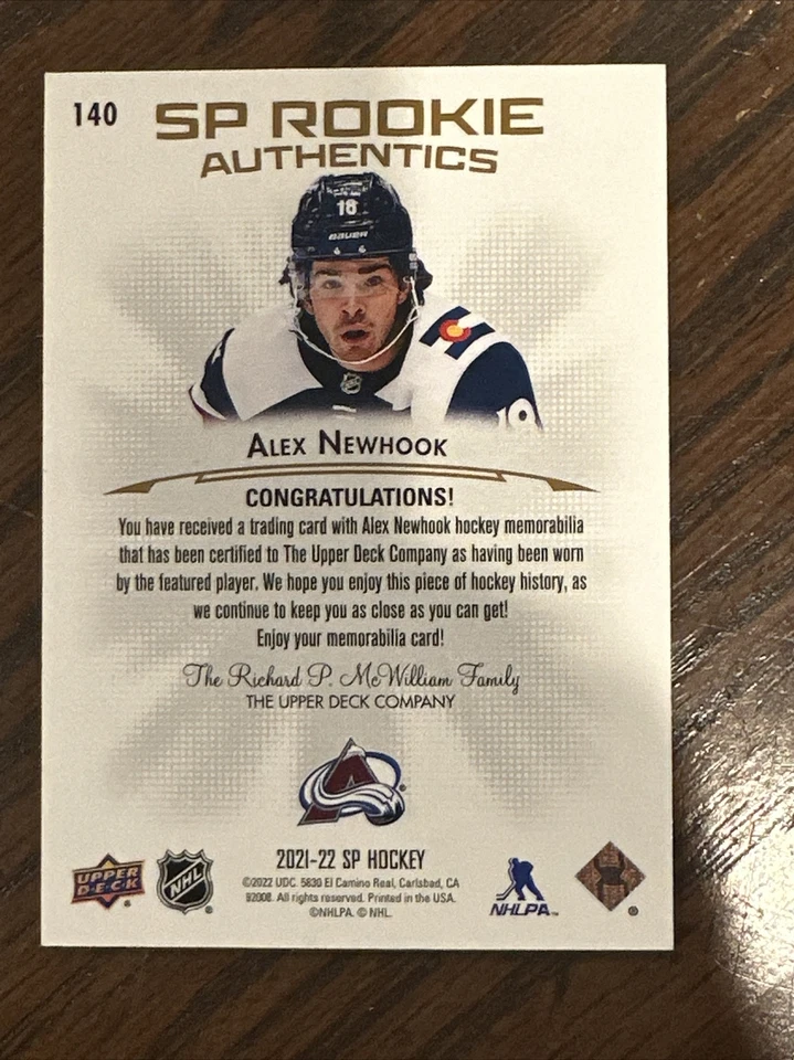 2021-22 UD SP Hockey Rookie Authentics #140 Alex Newhook Jersey Patch Gold 🔥 - Image 2 of 2