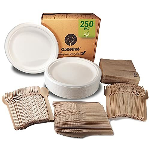 Vaisselle jetable 250 pièces en bois robuste et serviettes ensemble biodégradable