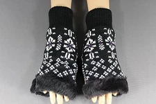 Black White faux fur knit hand arm warmers fingerless gloves open thumb texting