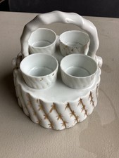 Vintage Porcelain 4-Cup Egg Holder Caddy Set ? White & Gold Mold