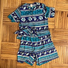 Vintage Floral Two Piece Shorts Set Button Front Top Elastic Waist