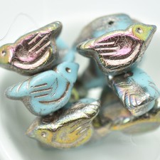 11x22 mm Bird - 2 Beads - Baby Blue, Peacock AB, Beige Wash - Czech Glass