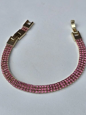 Gold Plated Pink Tennis Bracelet Cubic Zirconia Sparkly Size 17-19cm - Image 1 of 3