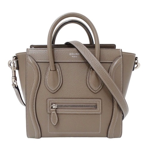 Celine 2way Leather Luggage Nano Shopper Greige Shoulder Bag Gray #BBB864