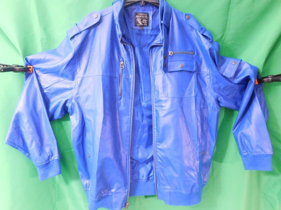 Chaqueta de Moto AZUL CRUDO (Color Azul) Para Hombre 2XL – Rara Ropa de Calle Y2K Imitación Cuero Foto 4 de 4