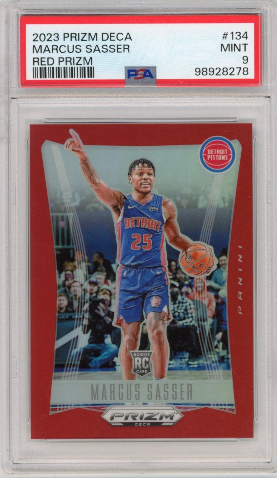 2023-24 PRIZM DECA RC MARCUS SASSER RED PRIZM #134 PISTONS /199 PSA 9 MINT