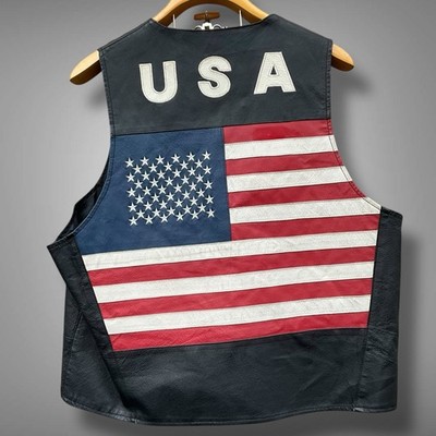 Vintage Wilda USA American Flag Leather Motorcycle Biker Black Vest Men s Sz XXL