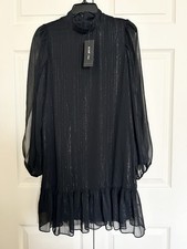 BCBG Paris Split Sleeve Shift Dress Black Onyx Mock Neck Ruffle Metallic S 4-6