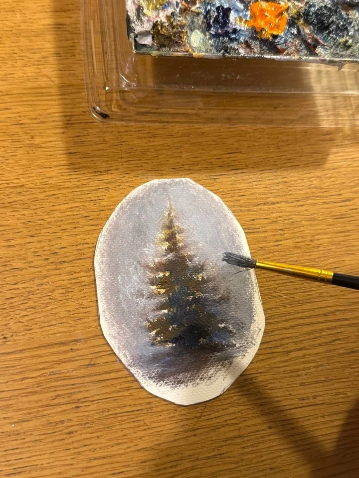 Pintura a óleo de inverno árvore de Natal original assinada arte vitoriana antiga emoldurada - Imagem 4 de 4