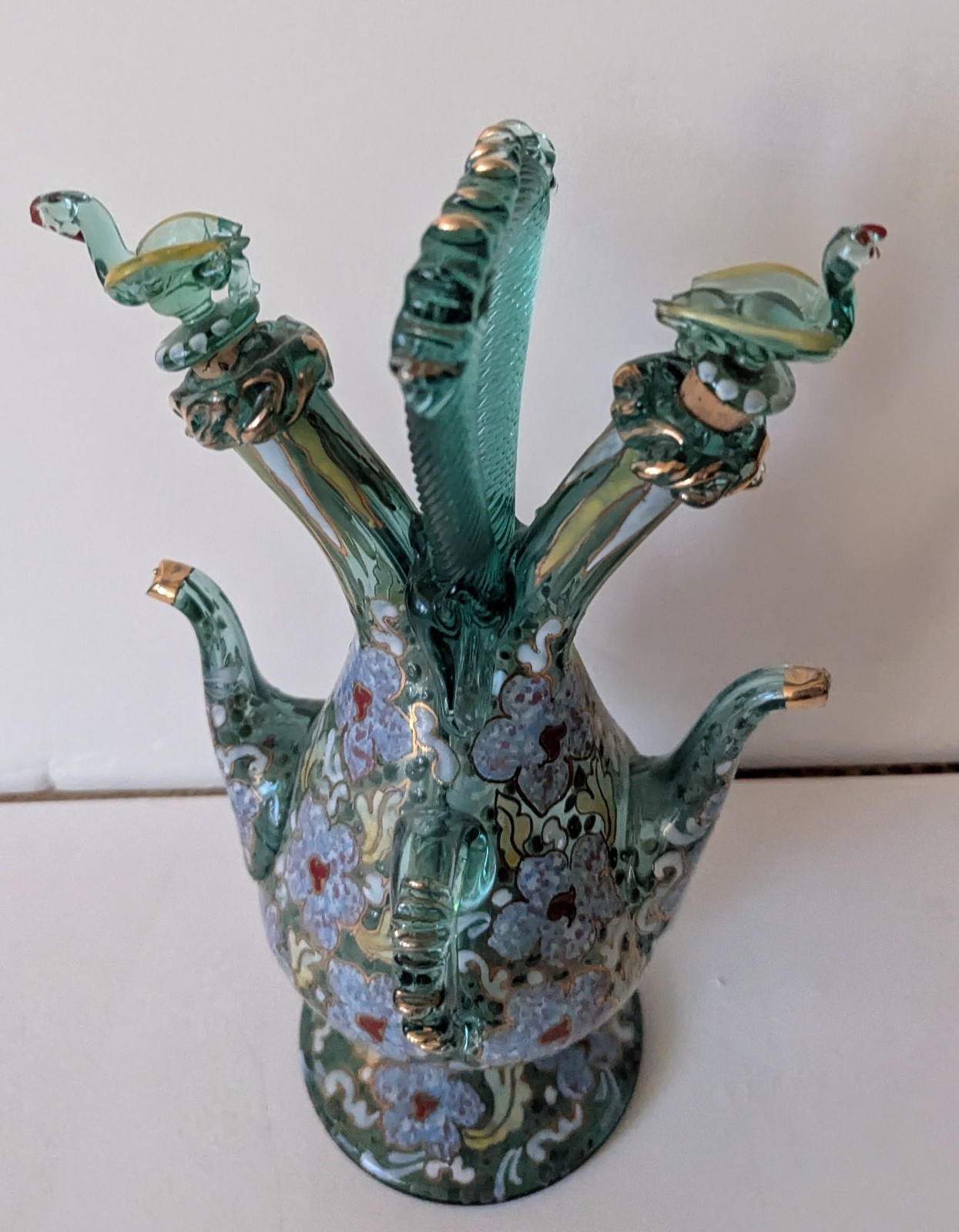 Spanish Art Glass Wedding Cruet Decanter Antique Enamel Spain 11" Tall