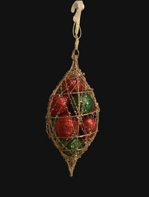 Gold Plastic Teardrop Hanging Christmas Ornament w/ Red & Green Glitter, 1 Item