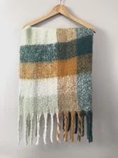 Madden Oversize Chunky Plaid Scarf Green Gold Ivory Cozy Soft Wrap Blanket Shawl