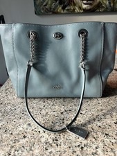 Coach Shoulder Bag Light Blue Pebbled Chain Logo Accent Silver Hardware Designer
