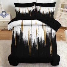 Comforter Set King Size, Black Gold White 7 Pcs Bedding for and Adults, Abstr...