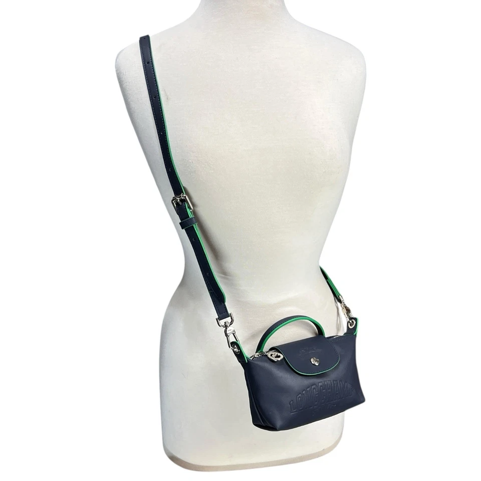 Longchamp Le Pliage Xtra Mini XS Pouch Navy Green Leather Sporty Crossbody Bag - Image 4 of 4