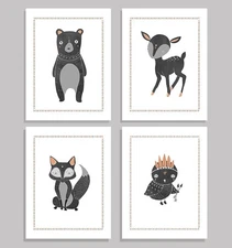 Children's Wall Art Prints, Boho Woodland Animal Collection, Set of Four 11x14