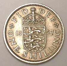 1957 UK Britain British One 1 Shilling Lions Shield Coin VF+