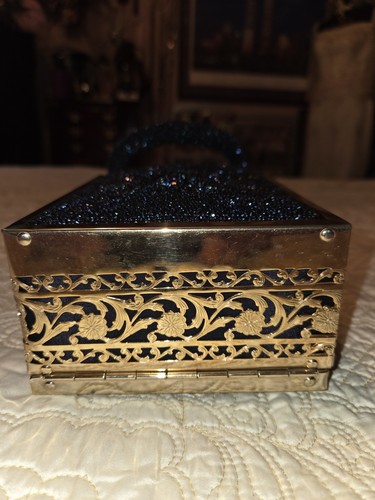 RARE 1940'S TYRLEAN ANTIQUE DARK BLUE BEADED AND BRASS PURSE HANDBAG EXCELLENT - Picture 4 of 19