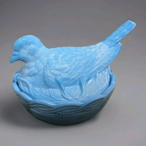 Vintage Hen On Nest Dove Blue Milk Glass Covered Candy Dish HON