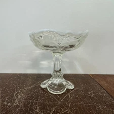 Vintage Clear Glass Compote Pedestal Candy Dish Floral Embossed Scalloped Edge