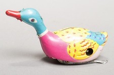 Vintage Windup Goose 215 MS 042 Tin Toy Yellow Blue Pink Works China 3 3/4"