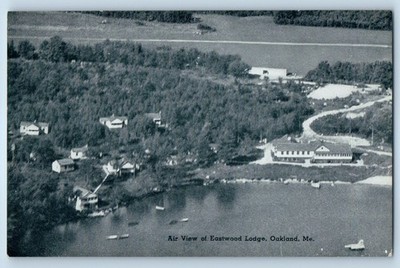 c1940 Oakland Maine Vintage Postcard Air View Eastwood Lodge Building Frontlake