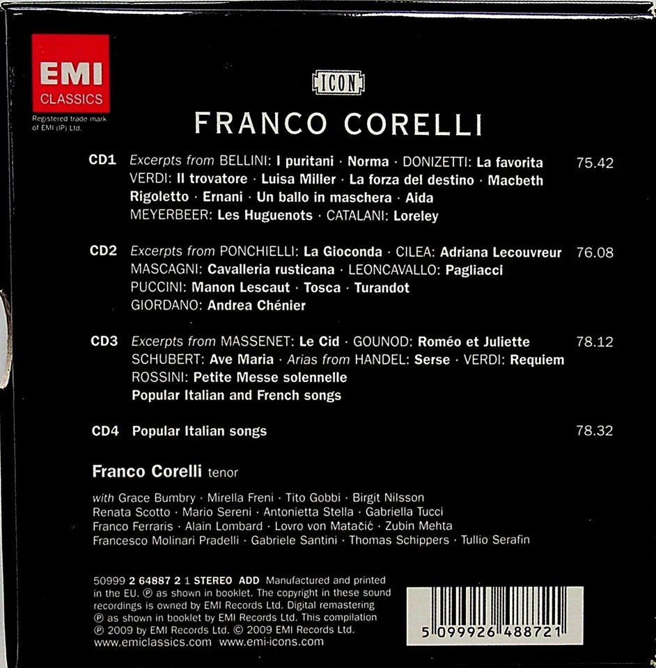 FRANCO CORELLI- Icon: The Tenor as Hero 4-CD Box Italian Songs/Norma/Aida etc - Image 2 of 2