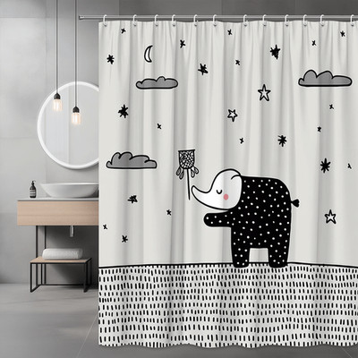 Elephant Moon Stars Shower Curtain Black White Kids Decor