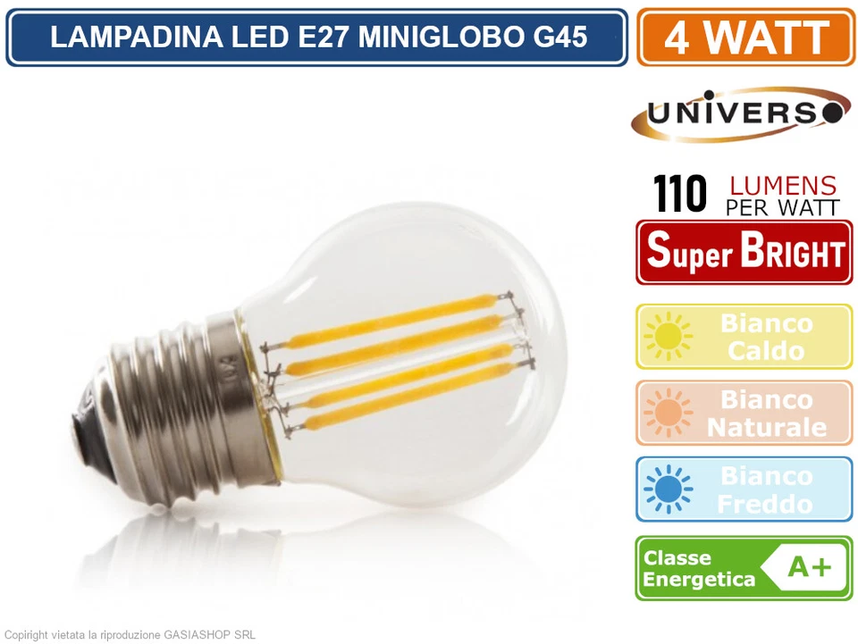 5 PEZZI LAMPADINA LED UNIVERSO E27 4W MINIGLOBO G45 A FILAMENTO 440 LUMEN - Immagine 2 di 3