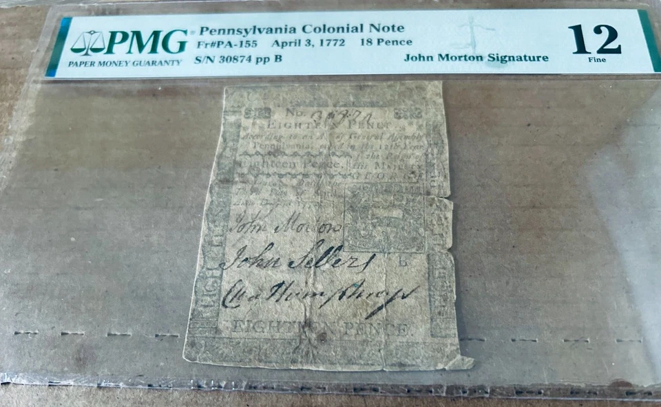PSA/DNA John Morton DOI signed 1772 Pennsylvania Colonial Curr. Bank Note PMG 12 - Image 2 of 4