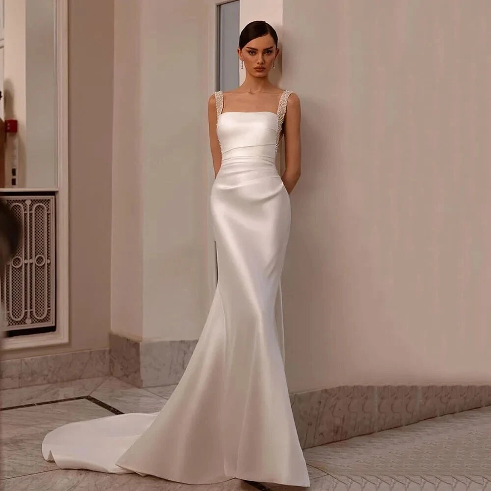 Luxury Pearls Mermaid Wedding Dresses Square Neck Sleeveless Satin Bridal  Gowns
