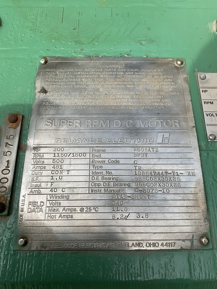 300 HP Reliance DC Electric Motor 1150/1600 RPM Fr B508ATZ 500V