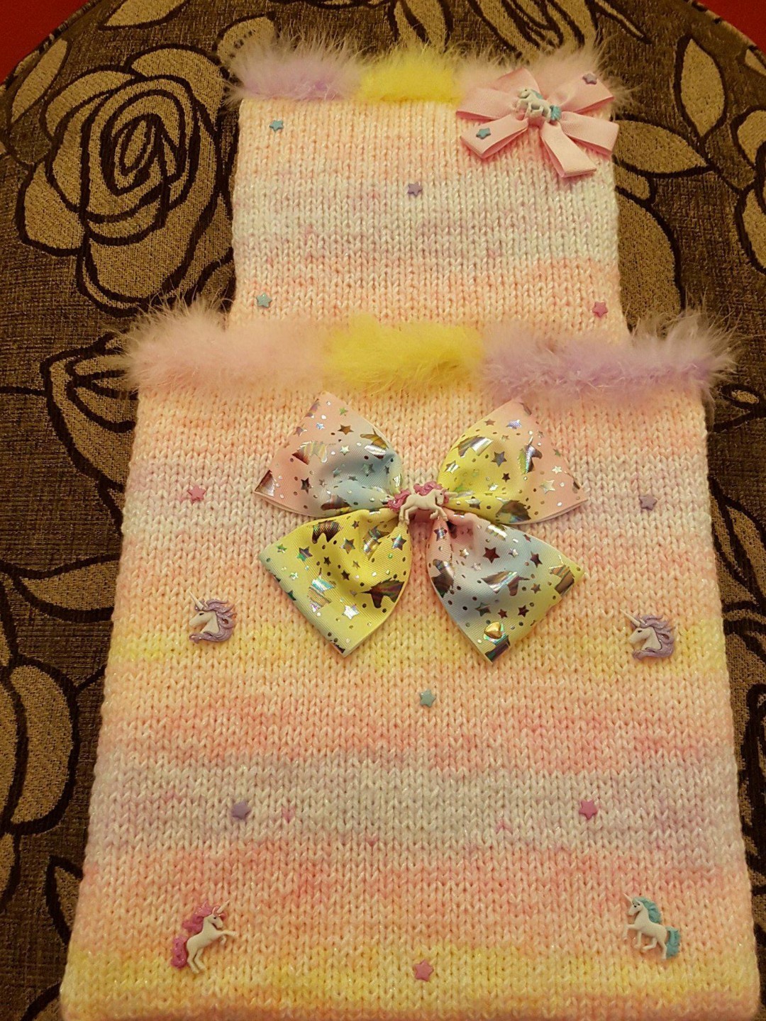 Hand knitted dolls pram blanket pillow pink blue lemon mint multi