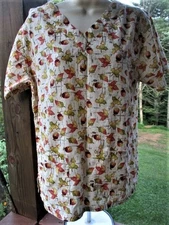 U A Scrubs Brand Scrub Top  Orange,Green,Yellow Smile Leaves Pattern ( S )