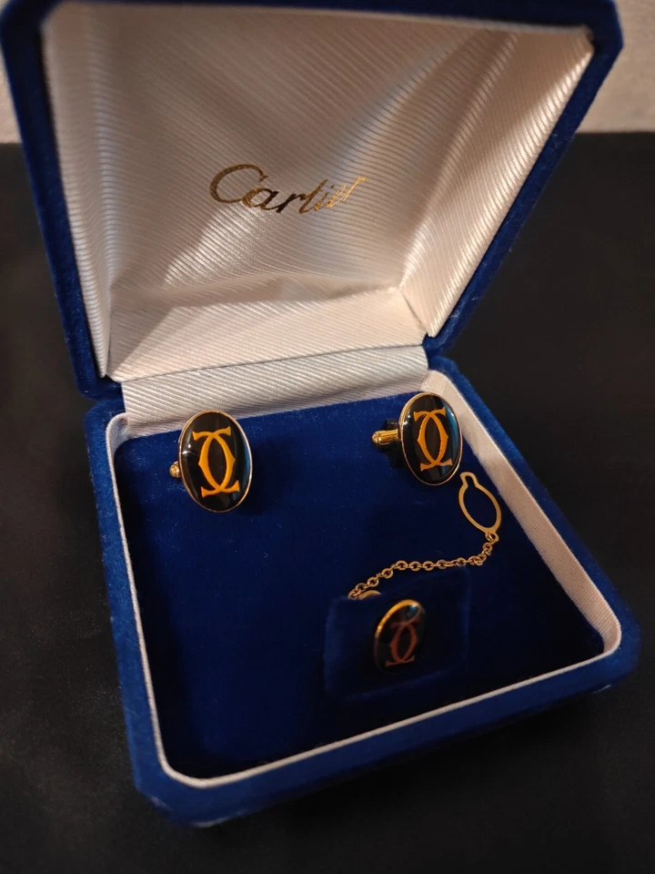 Gemelos Cartier Pin de corbata motivo 2C marco negro dorado tipo ovalado Foto 2 de 4
