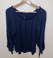 CHAPS DENIM Navy Blue Tie Sleeve Off The Shoulder Jersey Blouse Sz L EUC
