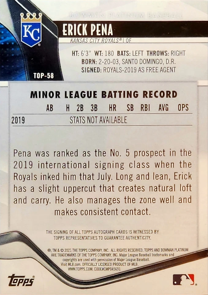 2021 Bowman Platinum - Top Prospects Autograph #TOP-58 Erick Pena (RC) - Image 2 of 4