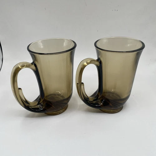 Rare Pair of Glass Indiana Tiara Amber Brown Hunter Horn Beer Mugs Steins Heavy